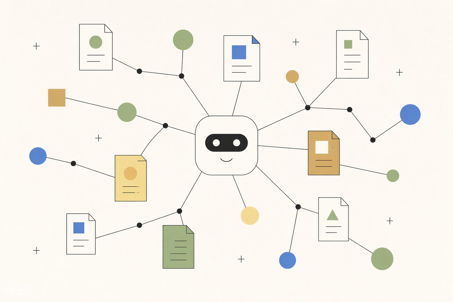 Generated editorial illustration of an AI product feature: a retrieval network of connected documents feeding an assistant