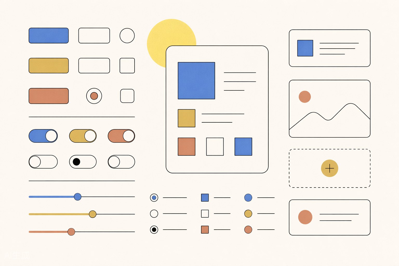 Generated editorial illustration of a web design system: a grid of consistent interface components