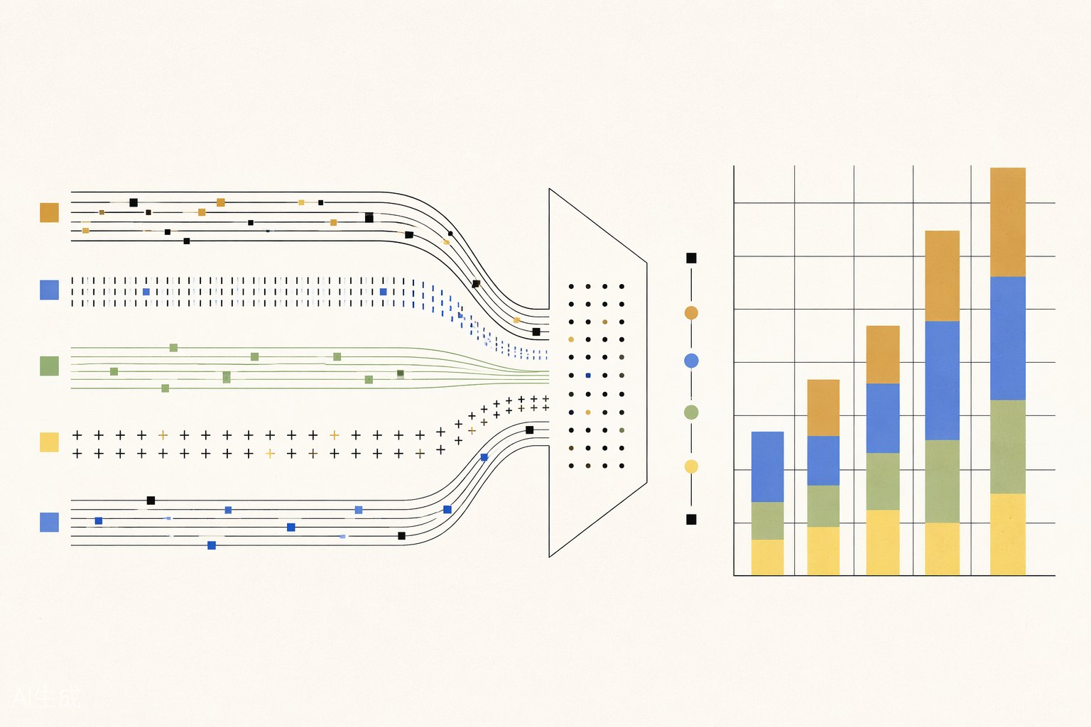 Generated editorial illustration of a realtime data platform: layered streams of structured data flowing into an analytics grid